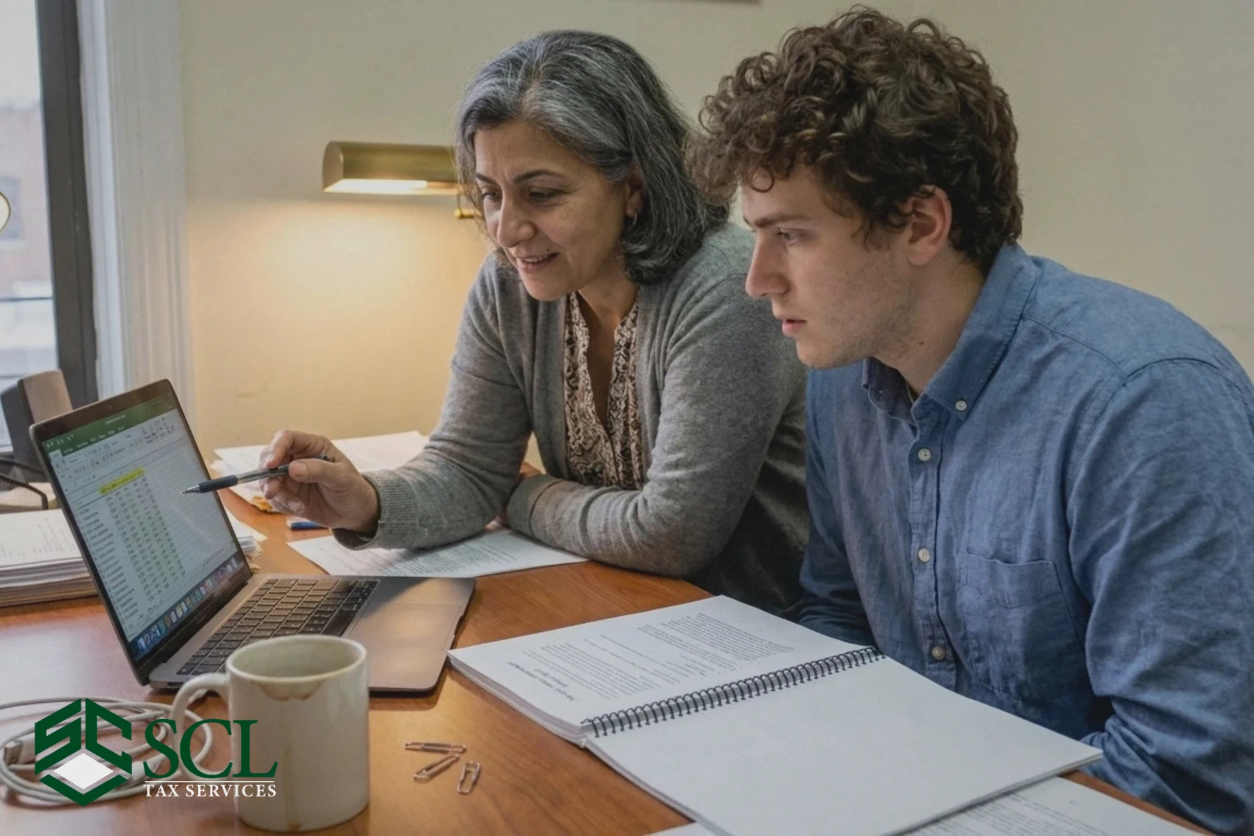 Colleagues discussing tax documents together