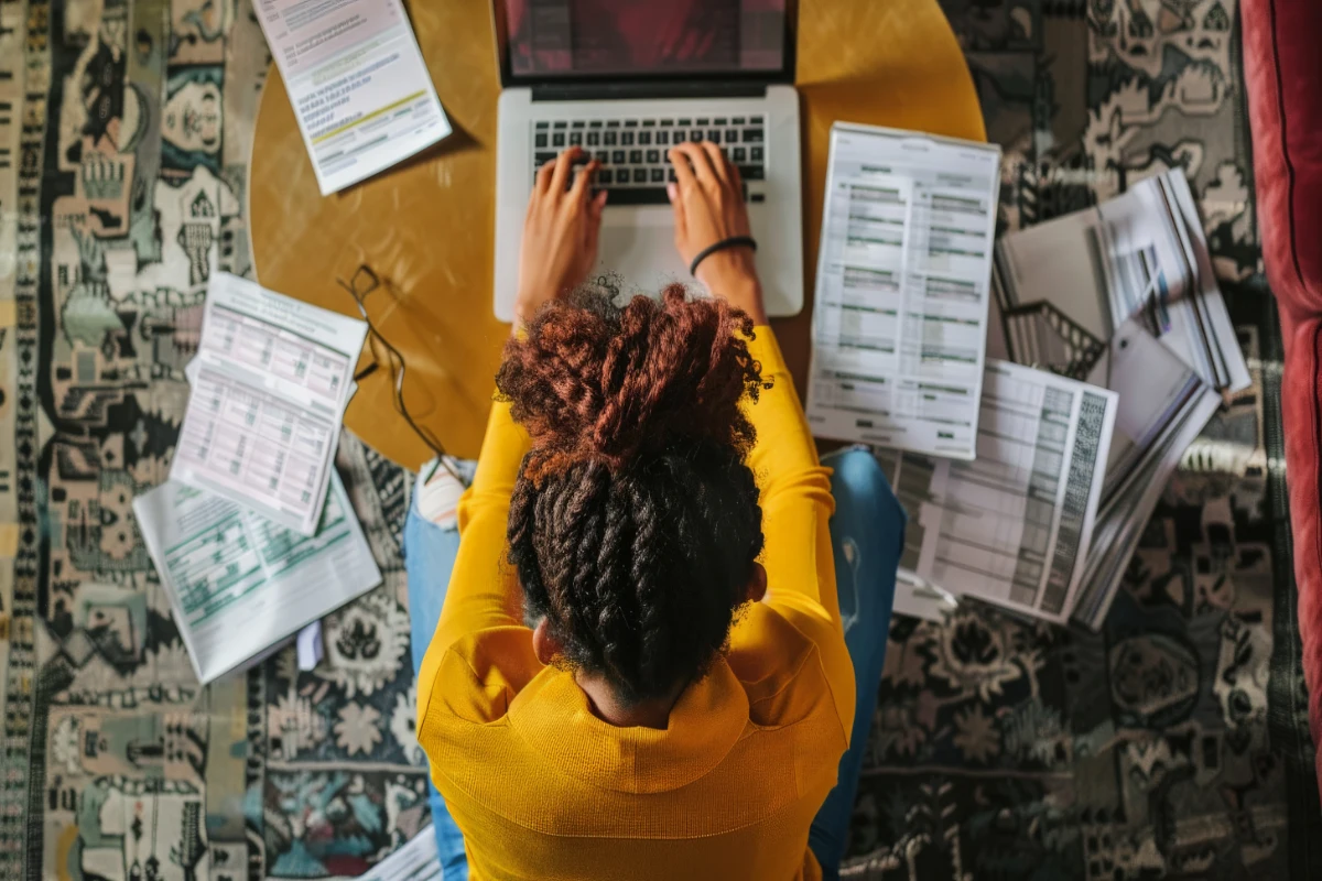 A person reviewing New York tax credits on a laptop, surrounded by financial documents.