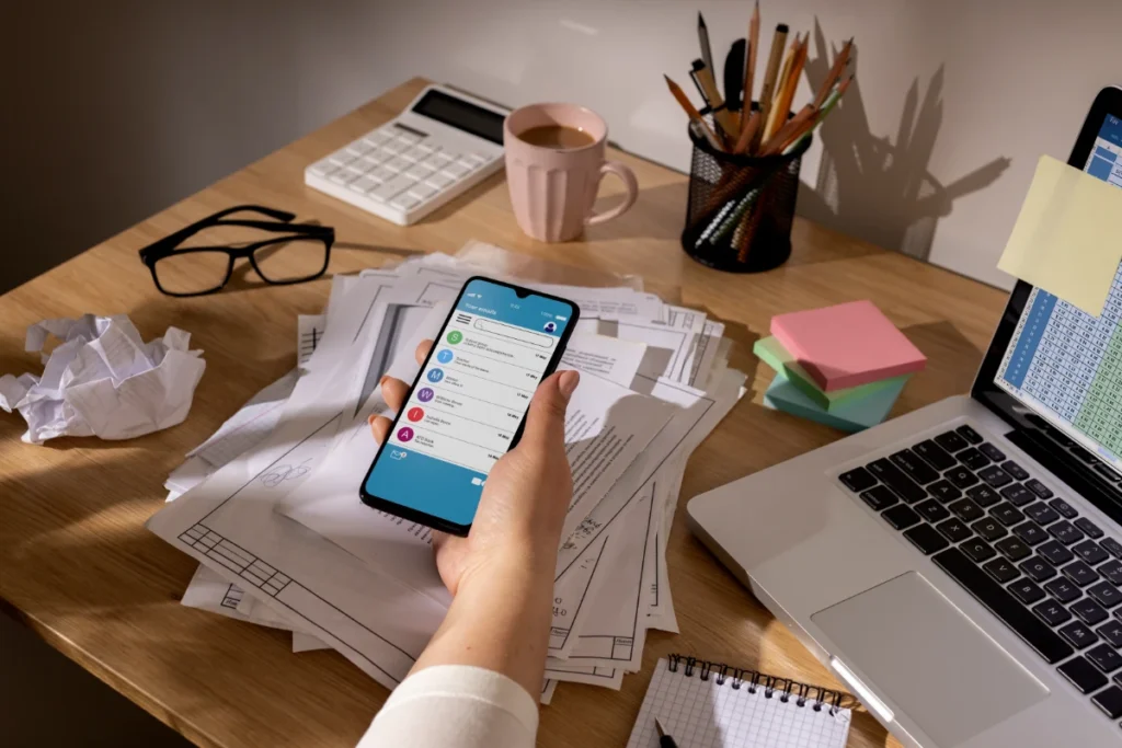 view of messy office workspace with smartphone