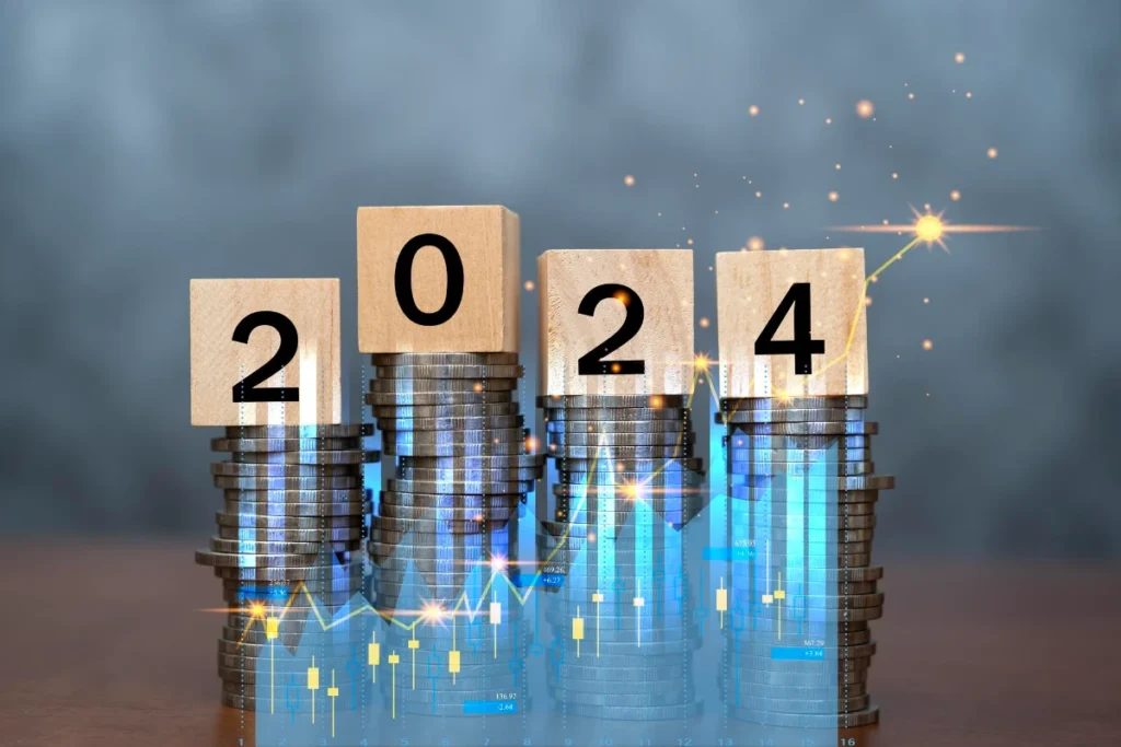 Photo wooden block cube 2024 on coins stacking for setup objective target business cost and budget planning of new year concept
