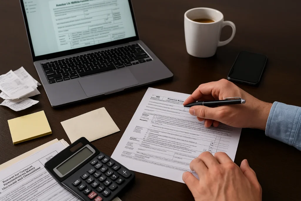 Hands completing a tax form on a desk with laptop, calculator, receipts, and coffee mug