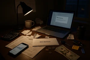 Dimly lit desk with laptop, receipts, calculator, cash, and an IRS notice envelope—implying stress over unreported side income