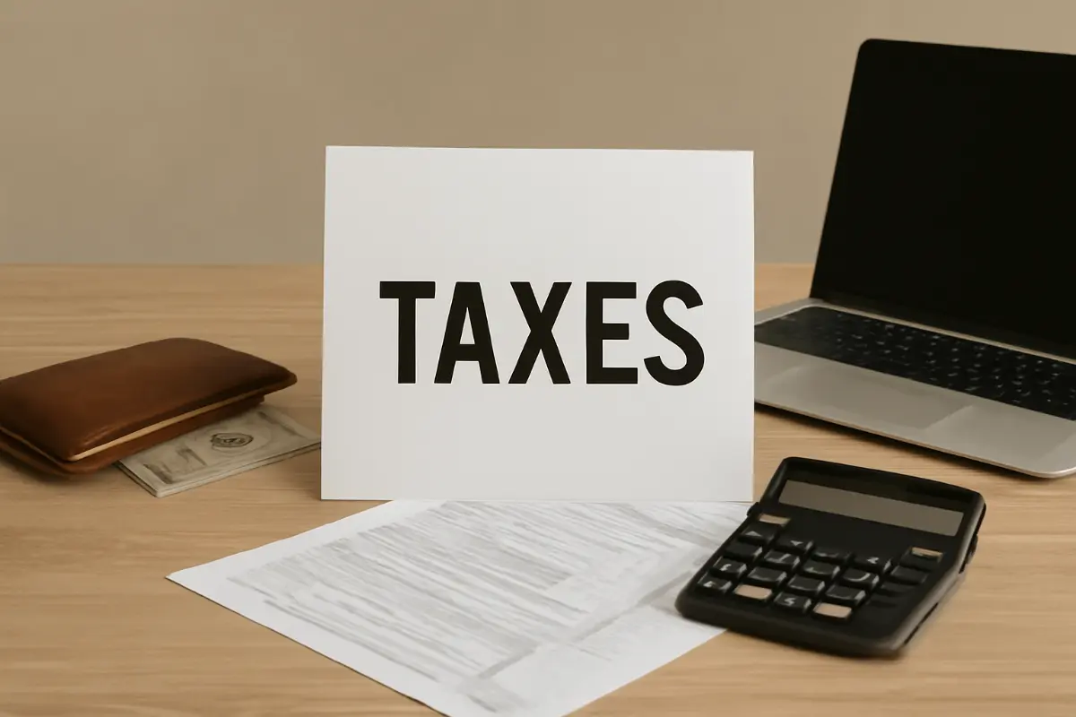 Desk with a tax document, a calculator, a laptop, and a sign that says “TAXES,” symbolizing the urgency of filing taxes and avoiding IRS back taxes penalties.