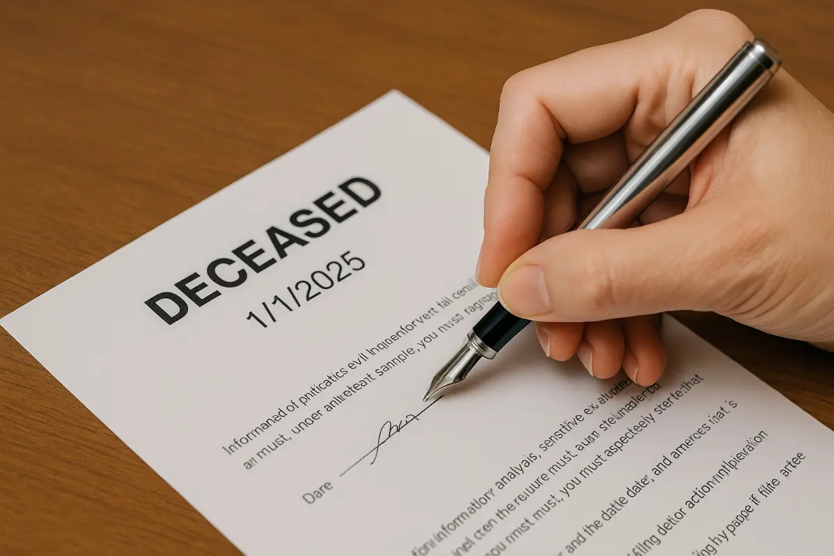A close-up of a person signing a document labeled “Deceased” at a desk in Bronx, NY.