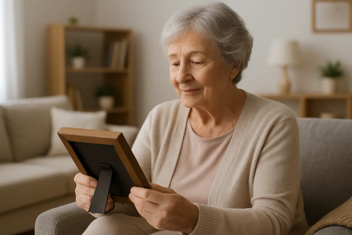 Elderly woman sitting in a living room in Bronx, NY while holding a picture frame and looking at it gently.