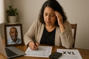 A woman sitting at a desk in Bronx, NY working on tax forms with a calculator, laptop, and framed photo of her spouse beside her.
