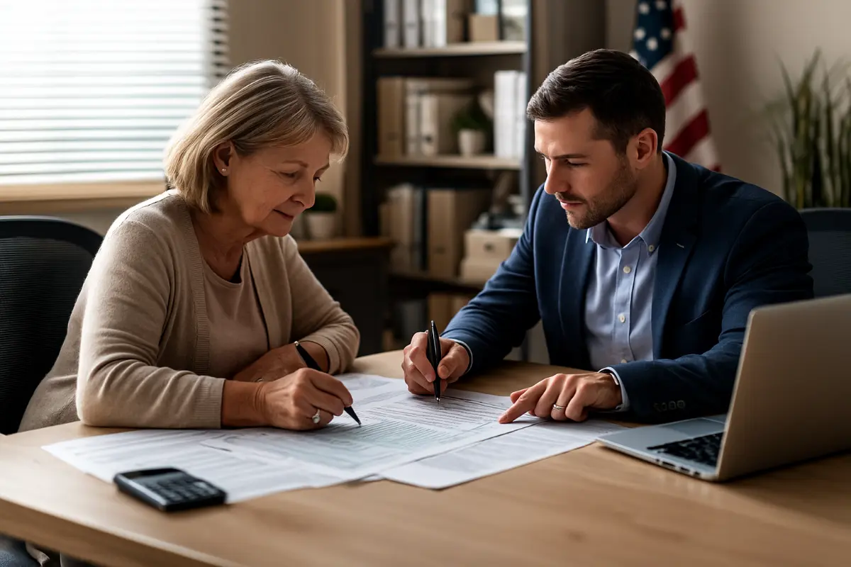 A middle-aged woman in an office in Bronx, NY sitting with a male tax advisor while reviewing documents about filing taxes after spouse dies
