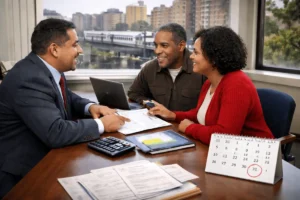 A woman and a man visiting a lawyer in the Bronx to get advice on tax savings