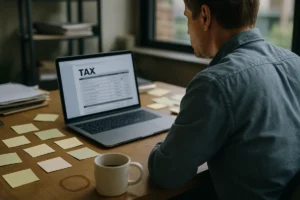 Desk with laptop showing tax software
