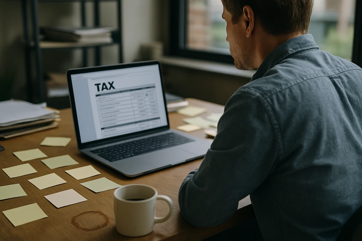Desk with laptop showing tax software
