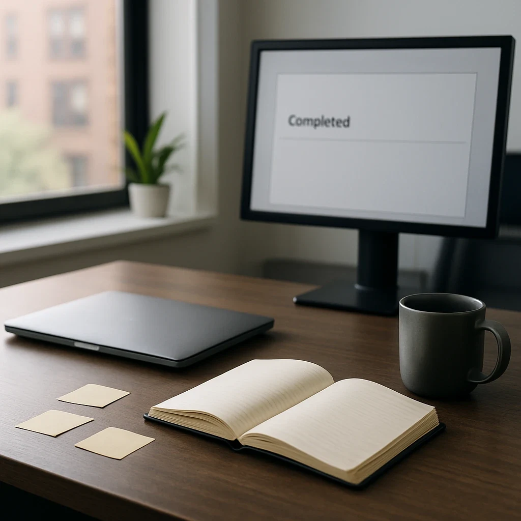 Closed laptop on empty workspace