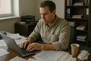 Tax preparer working at cluttered desk