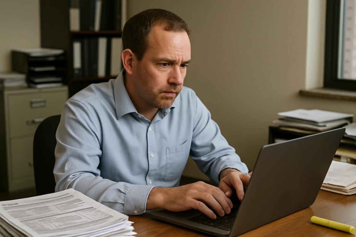 Tax resolution specialist typing on a laptop