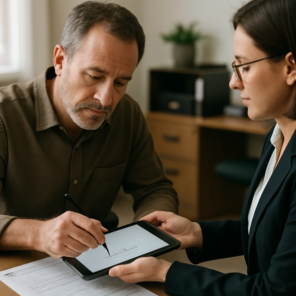 Client signing tablet held by specialist