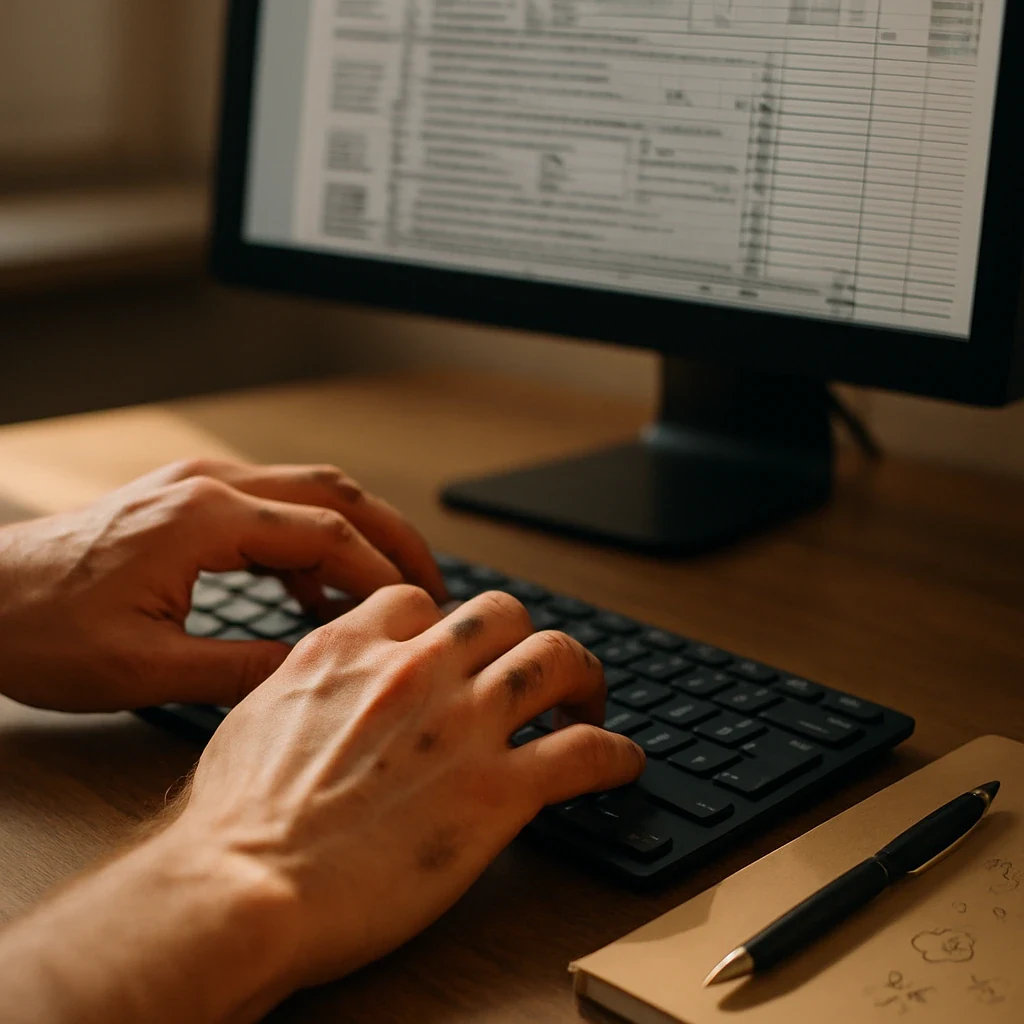 Hands typing on keyboard with tax forms