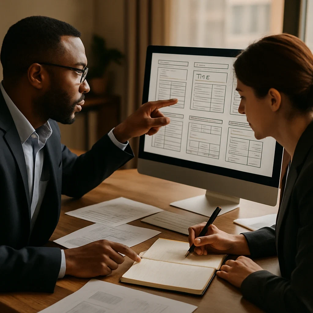 Professionals discussing tax software designs