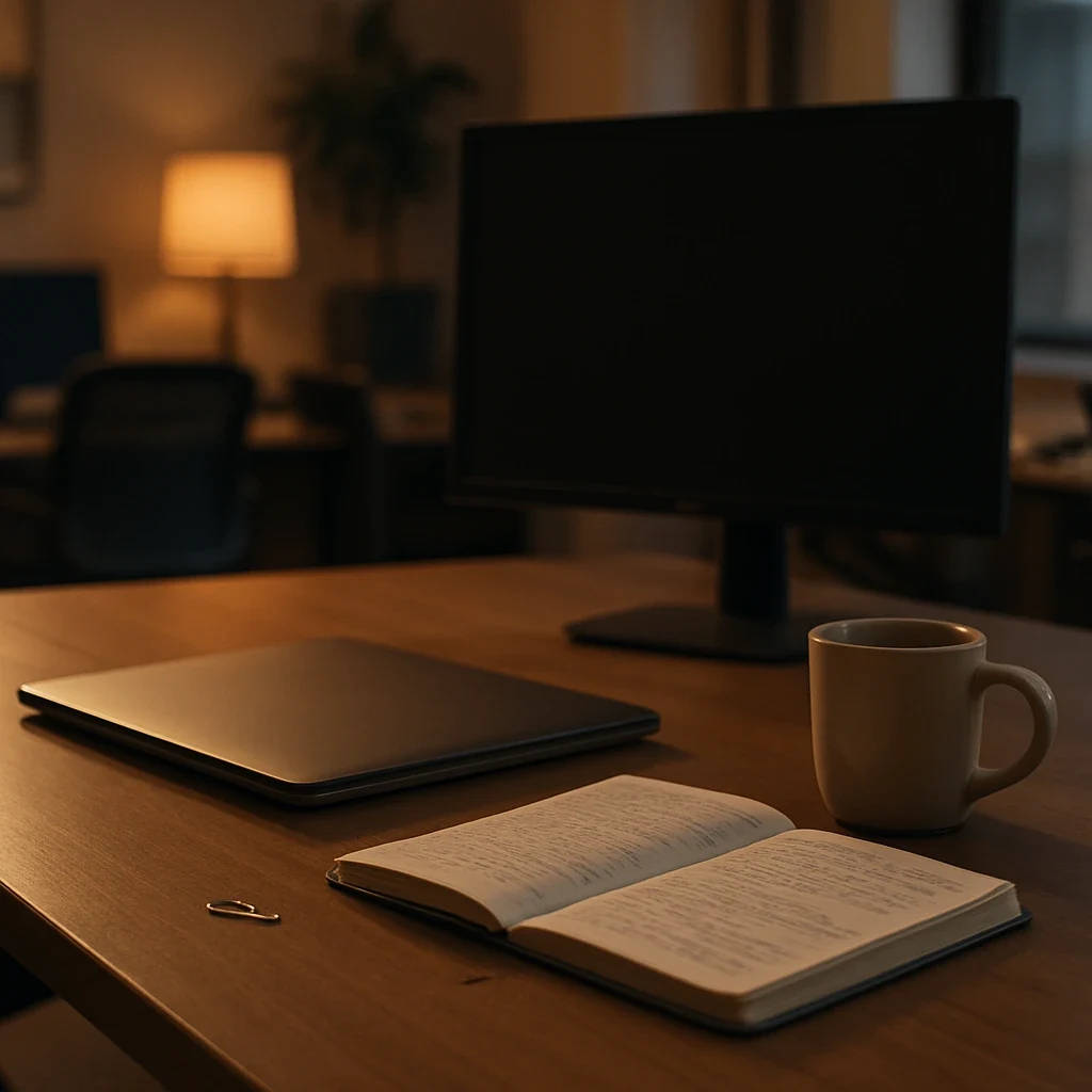 Empty desk after a productive workday