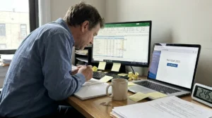 Cluttered desk with laptop and papers
