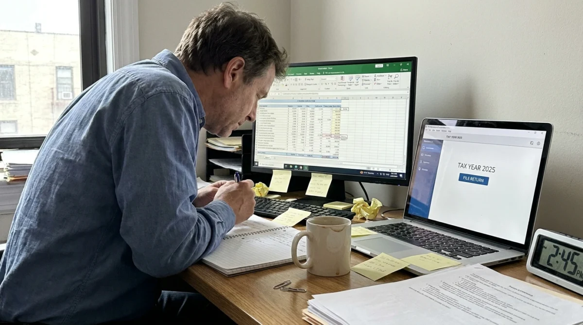 Cluttered desk with laptop and papers
