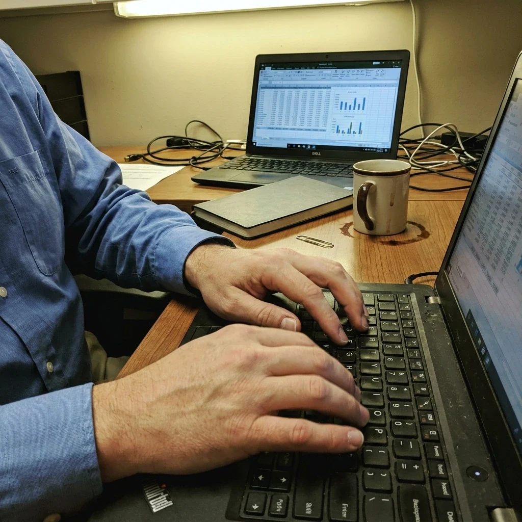 Hands typing on a keyboard at desk