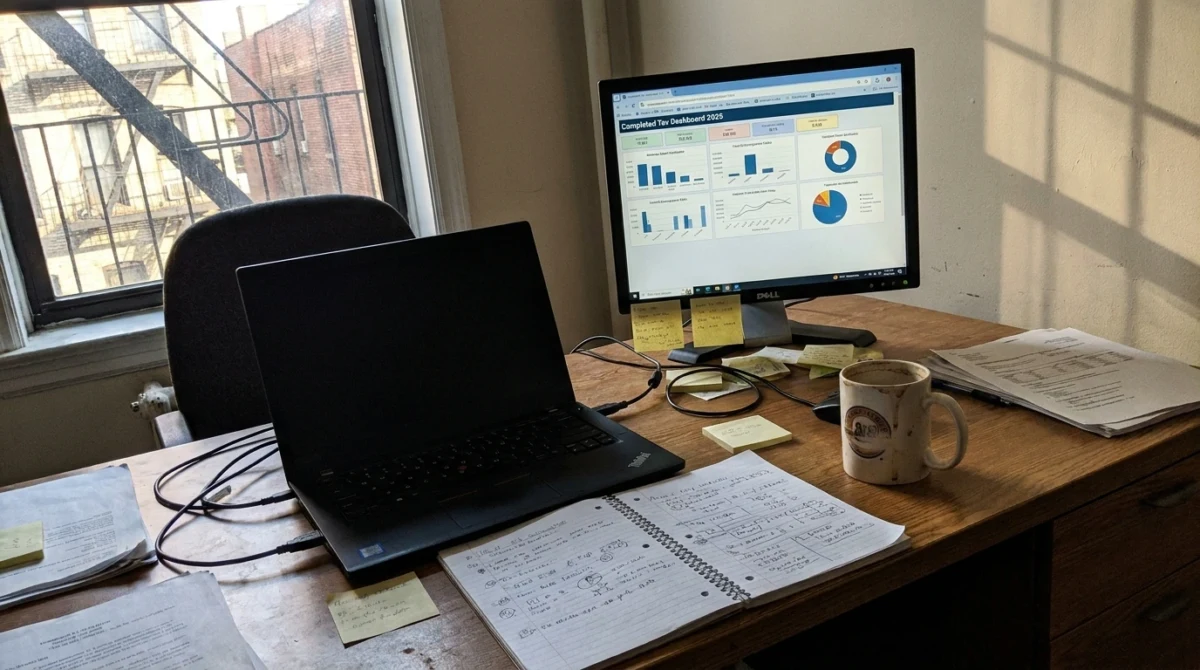 Closed laptop and coffee mug on desk