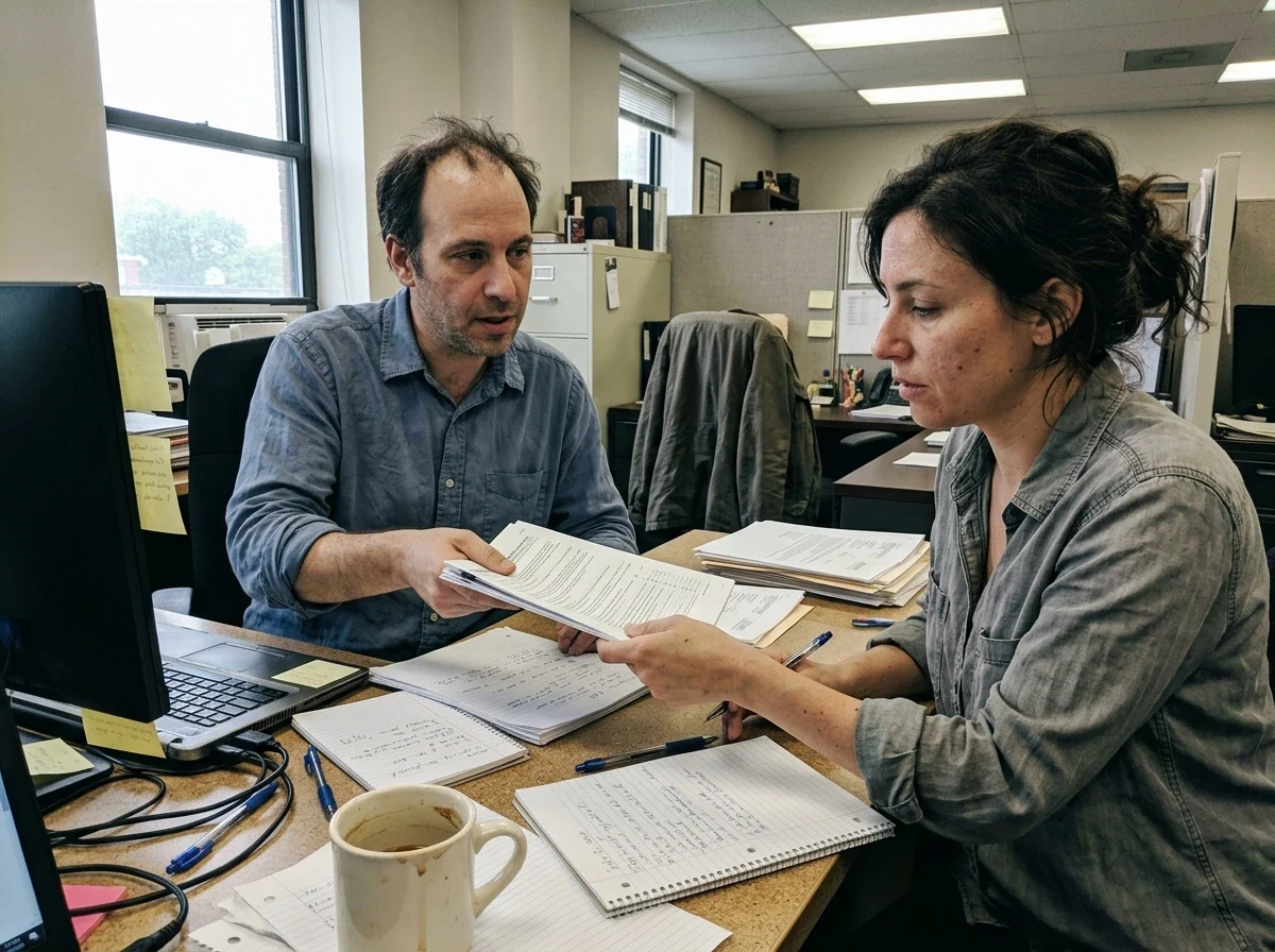 Colleagues discussing tax report