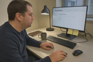 Workspace showing tax services on monitor
