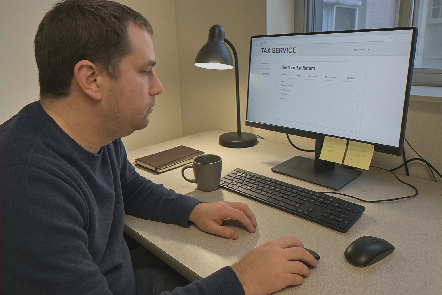 Workspace showing tax services on monitor