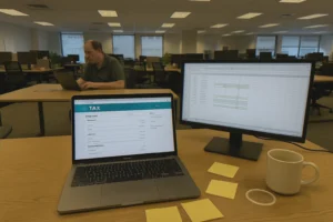 Open plan office showing tax preparation work
