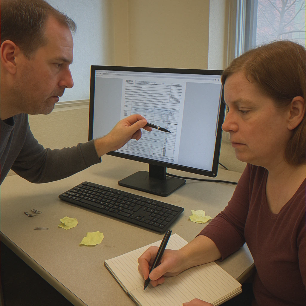 Colleagues discussing tax documents together