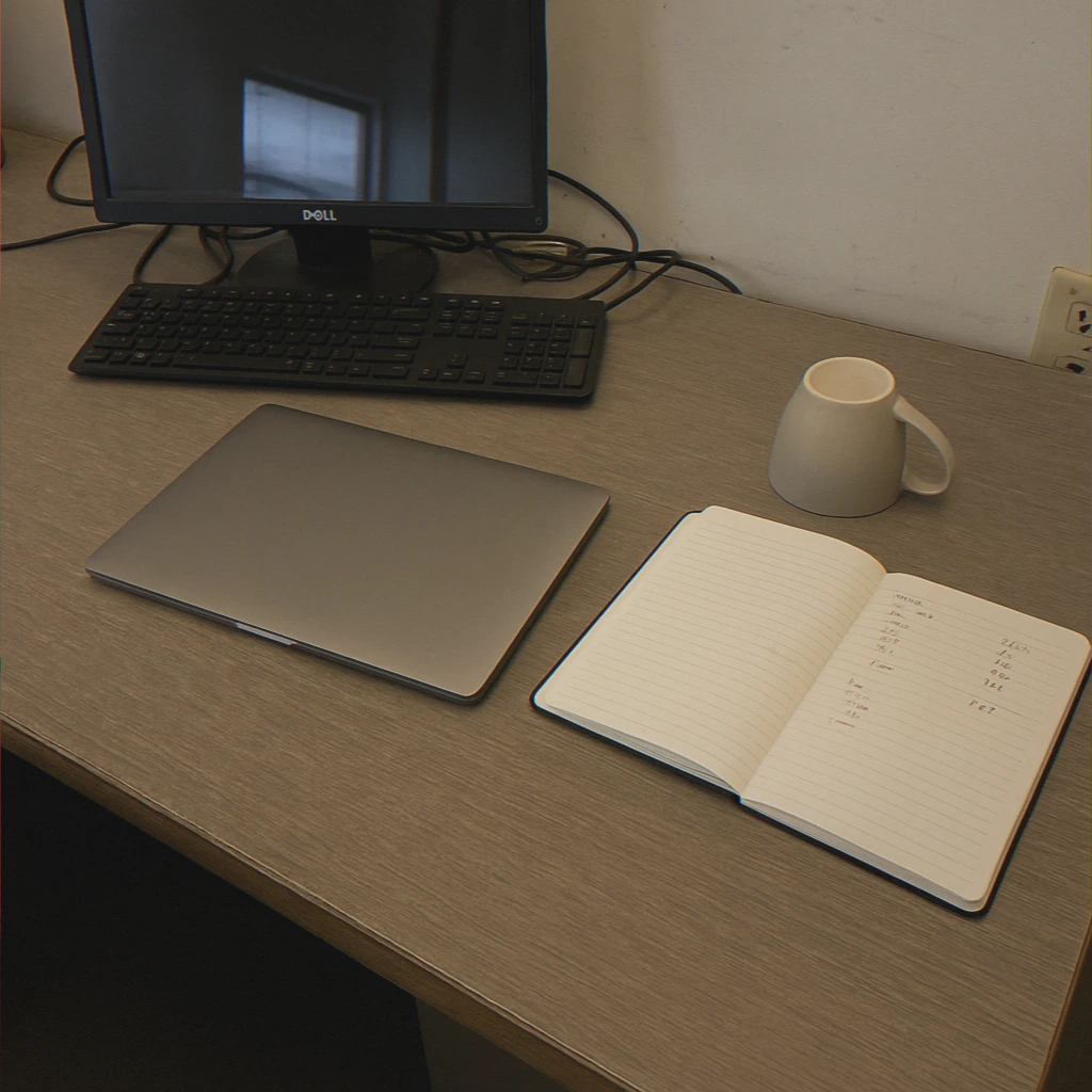 Empty desk with closed laptop after work