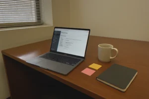Bronx desk with laptop and notes