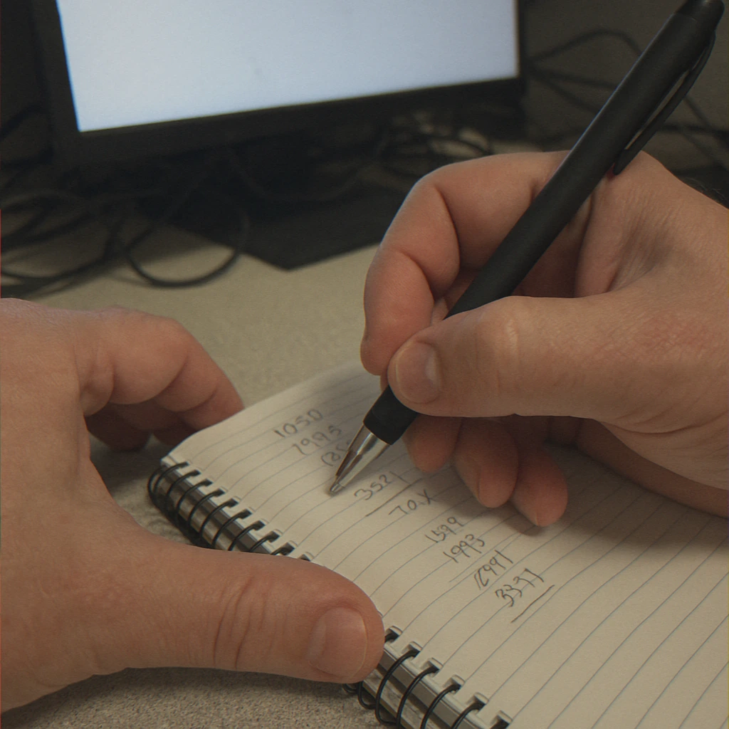 Close-up of hands with pen and notebook