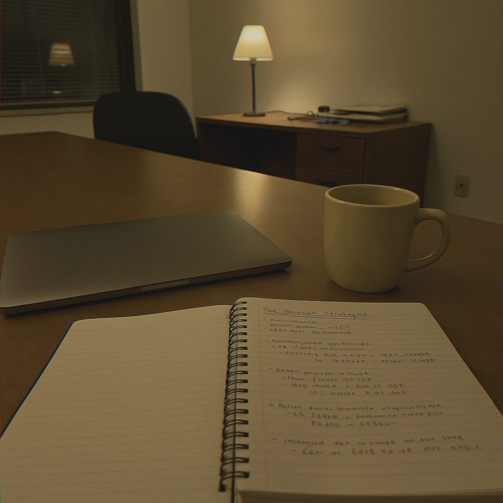 Closed laptop with notes on a desk
