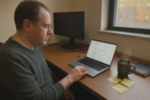 Cozy workspace with laptop and notes