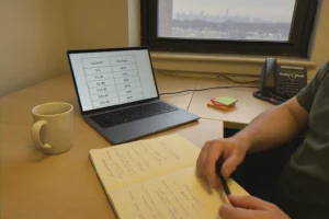 Desk with laptop showing tax data