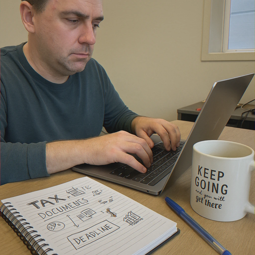 Gathering documents for tax filing scene
