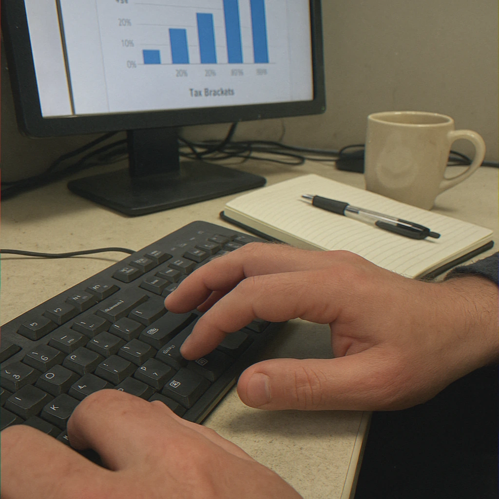 Hands typing on a keyboard next to notebook