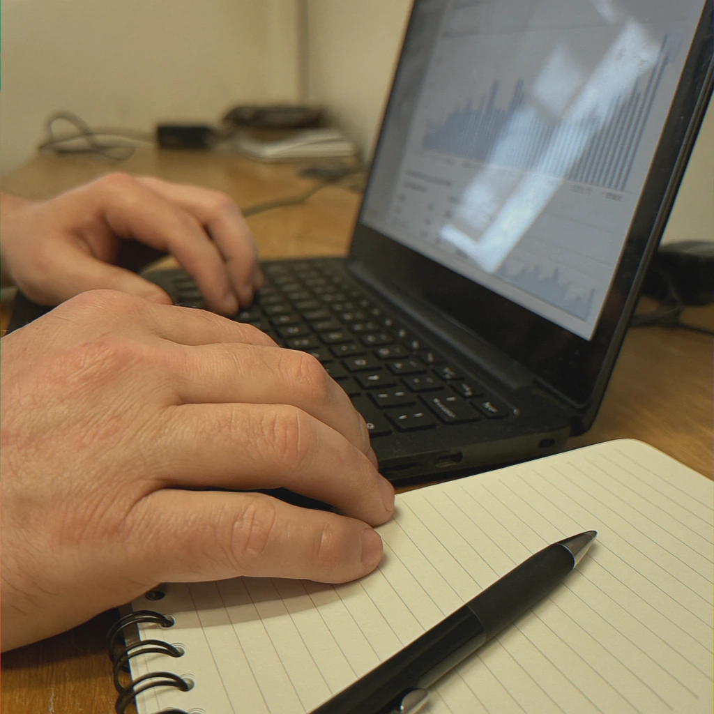 Hands typing on keyboard with notebook