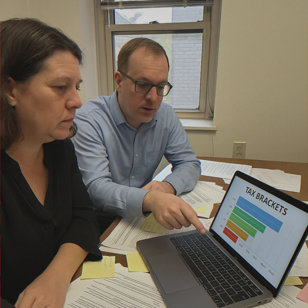 Professionals discussing tax strategies at desk