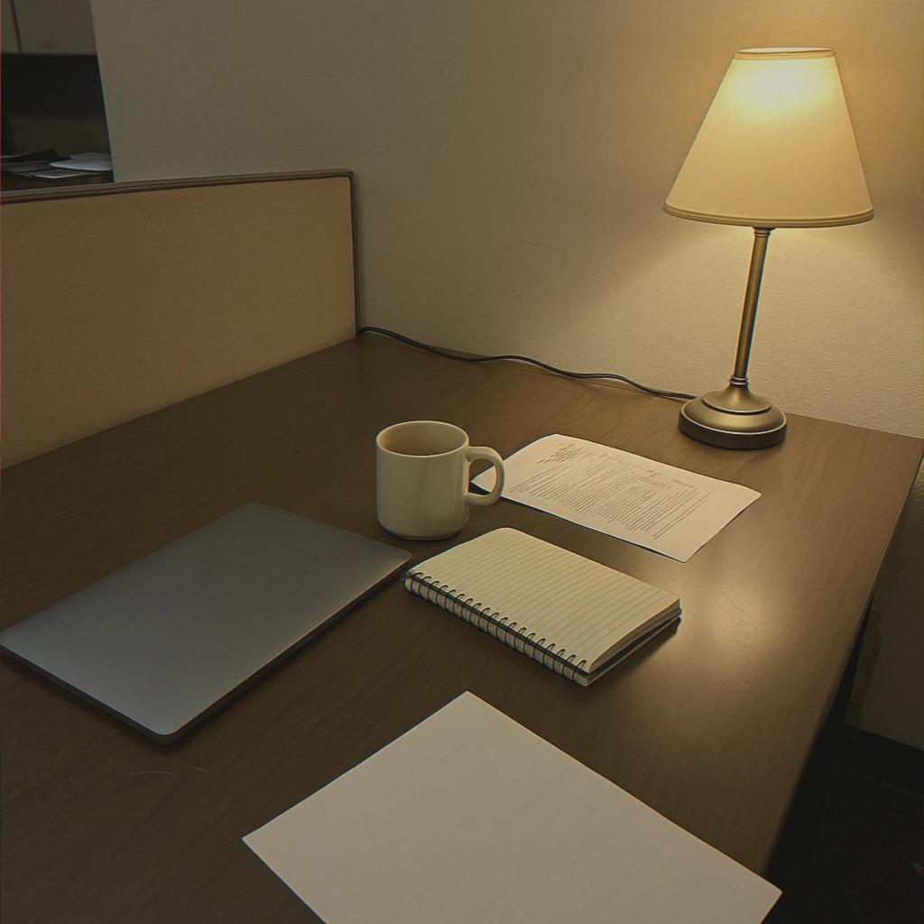 Quiet desk area after workday ends