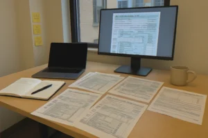 Bright office workspace with tax documents