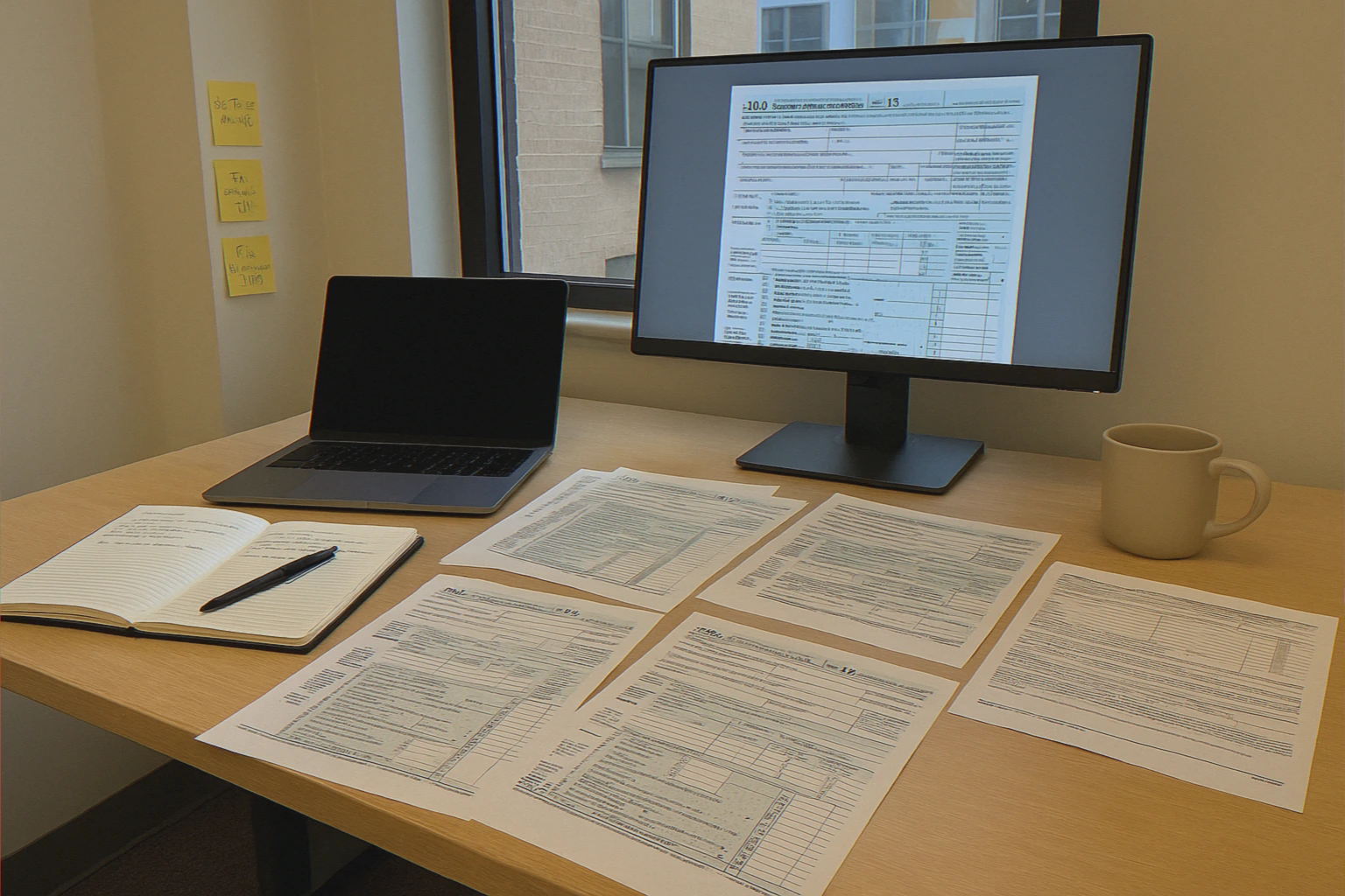 Bright office workspace with tax documents