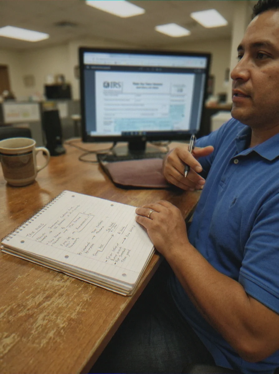 Close-up of hands with notebook and pen at SCL Tax Services in the Bronx, NY. 10470