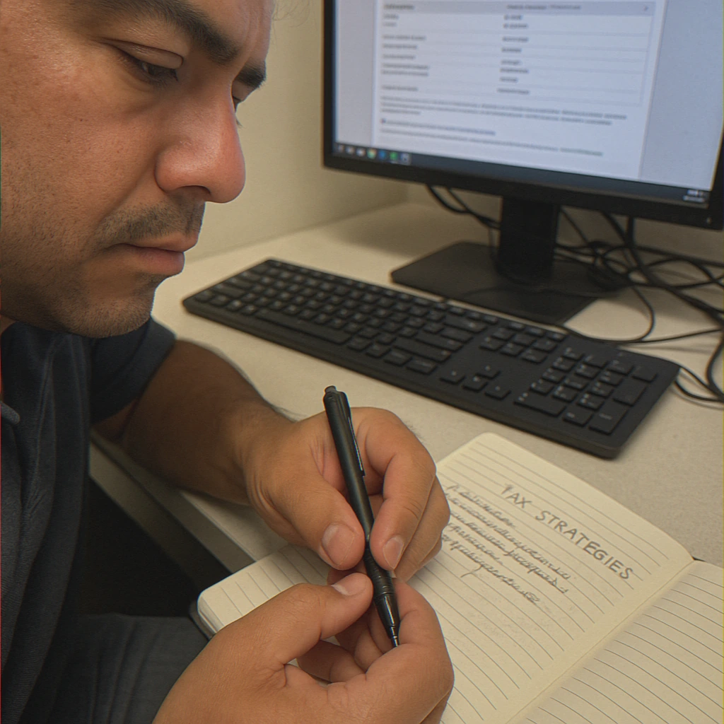 Close-up of hands writing tax strategies