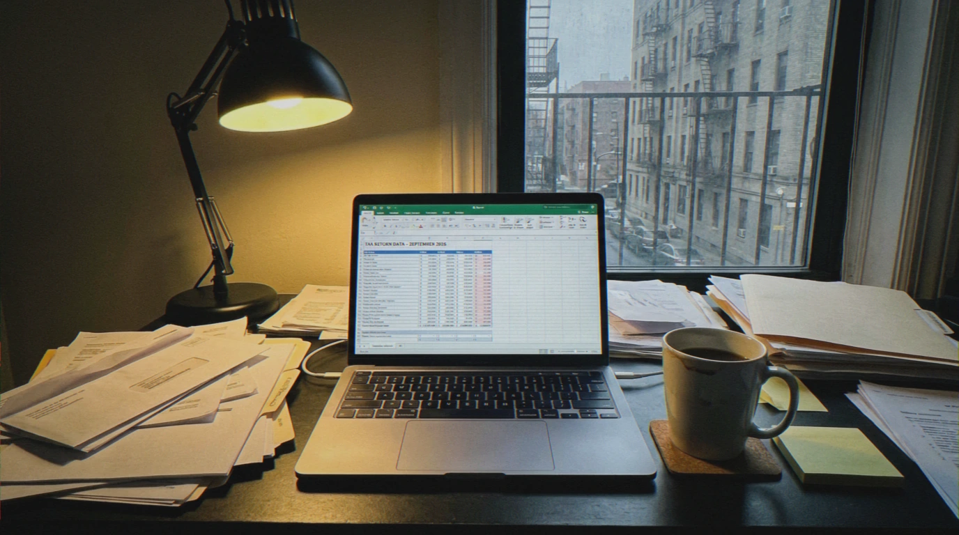 Cluttered office desk with tax information at SCL Tax Services in the Bronx, NY. 10470