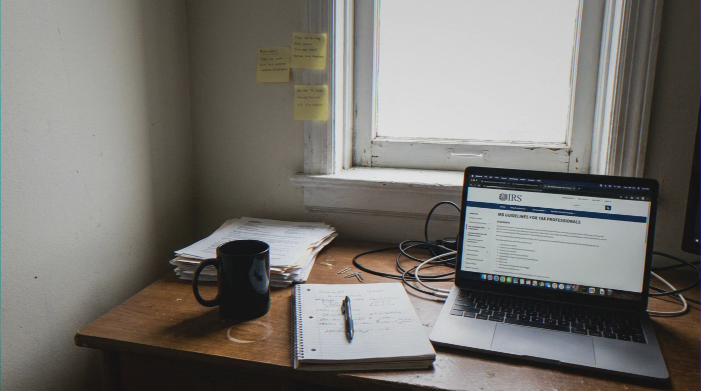 Desk with laptop and IRS guidelines