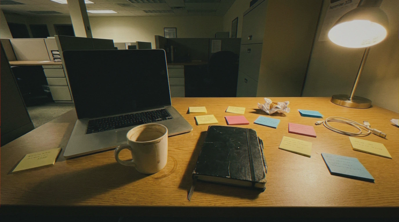 Empty desk workspace with coffee mug at SCL Tax Services in the Bronx, NY. 10470