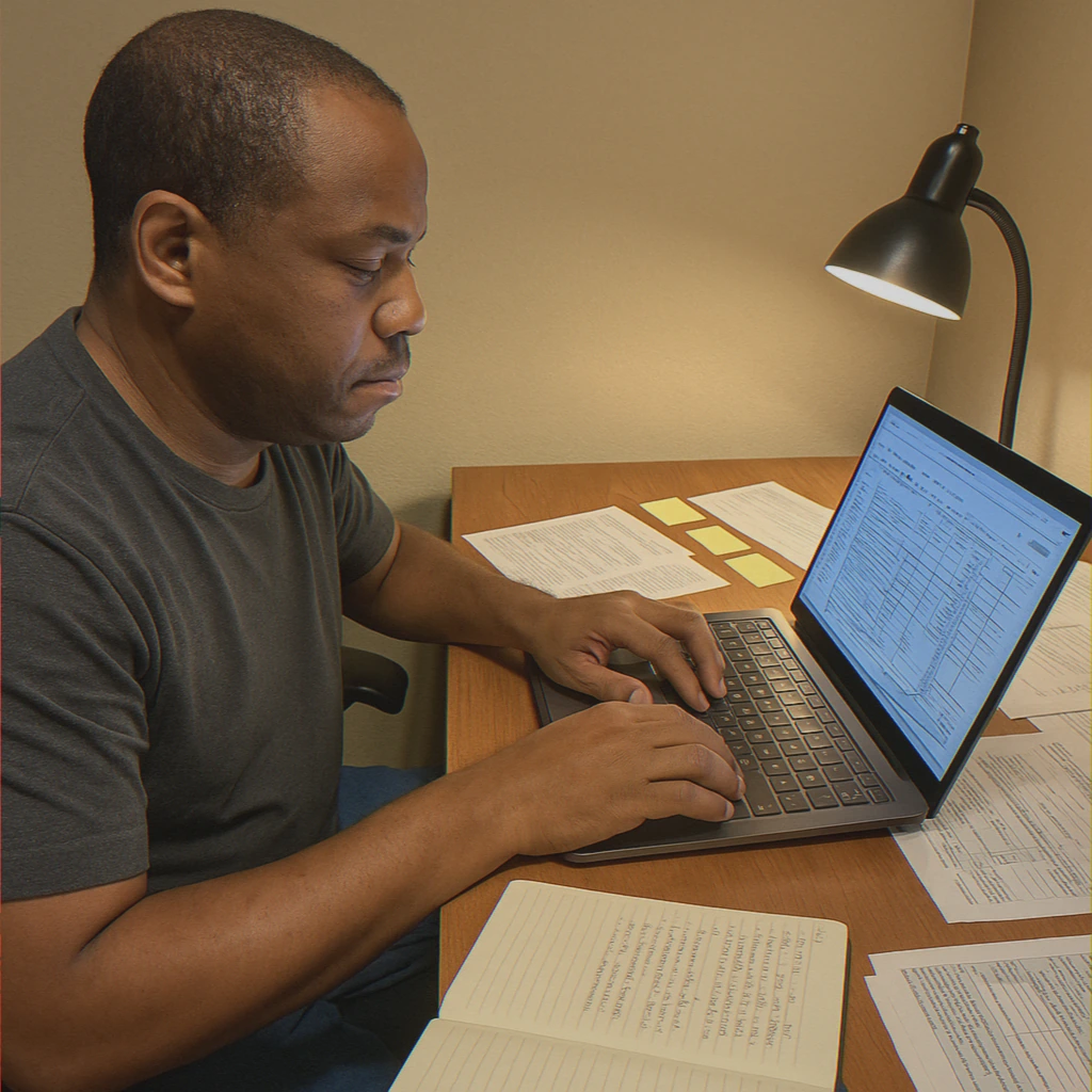 Focused man typing tax forms on laptop