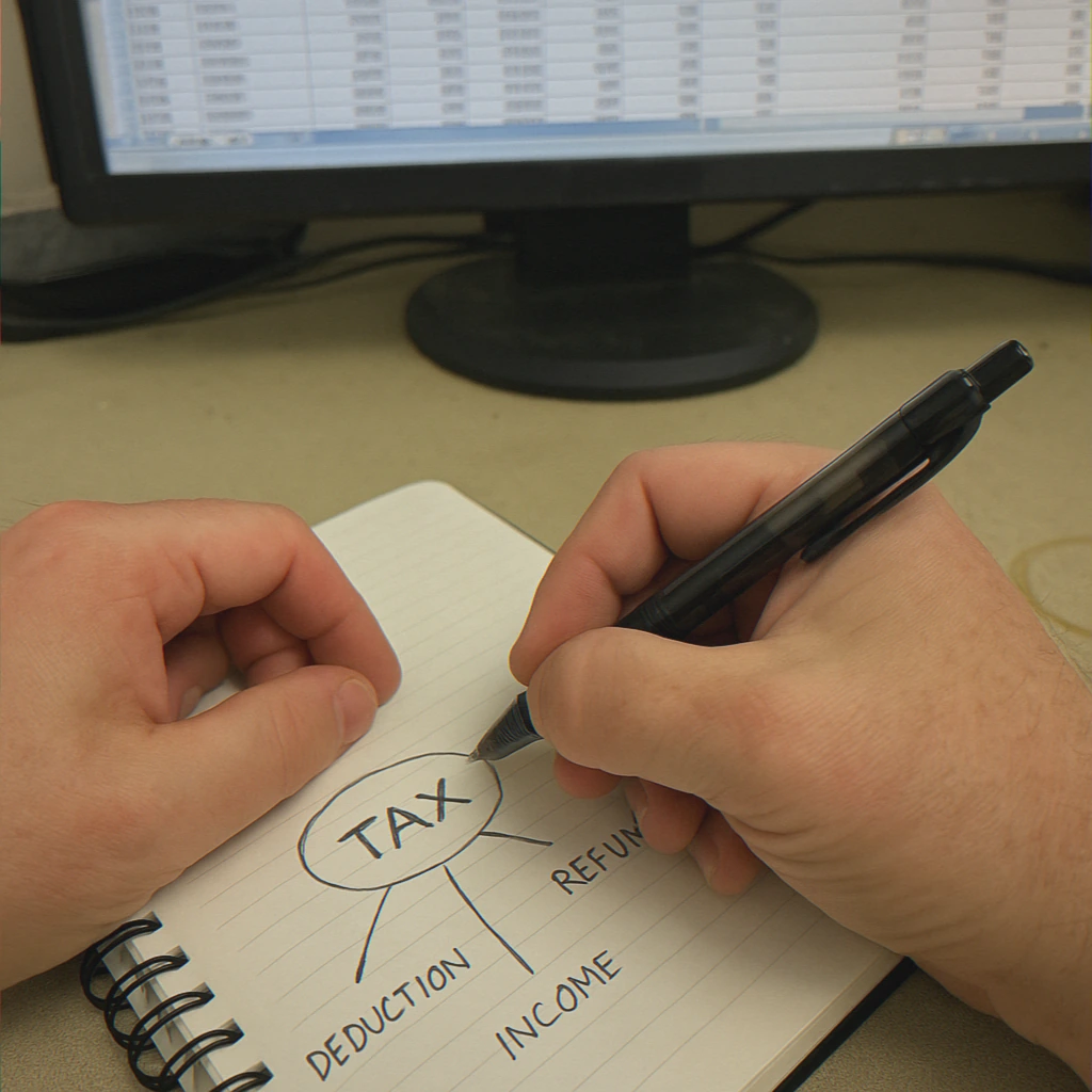 Hands writing notes about taxes